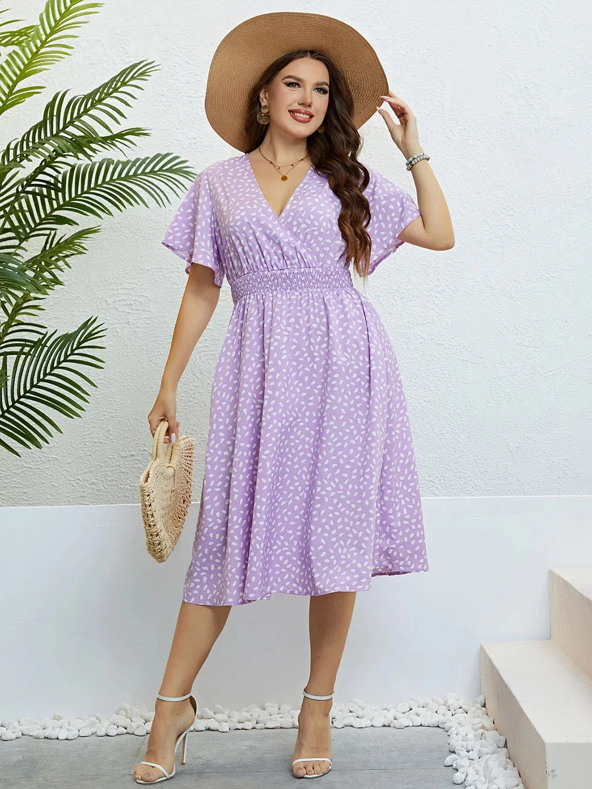Bohemian Mini Dress for Plus Size Women - V-Neck A-Line with Flare Sleeves, Elastic Waistband, and Wrap - Perfect for Summer Sundress clothing (240724