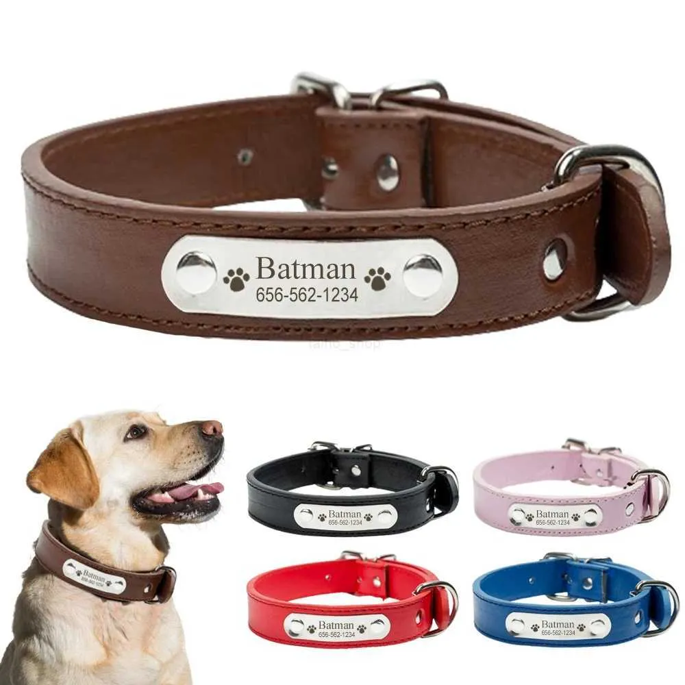 Soft Leather Personalized Dog Collar Custom Name ID Tag Engraved Brass Buckle