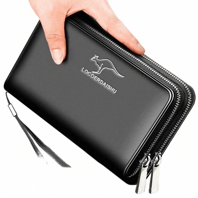 Men s Genuine Leather Wallet Double Zipper Large Capacity Clutch Bag for Business Travel Casual Use Black