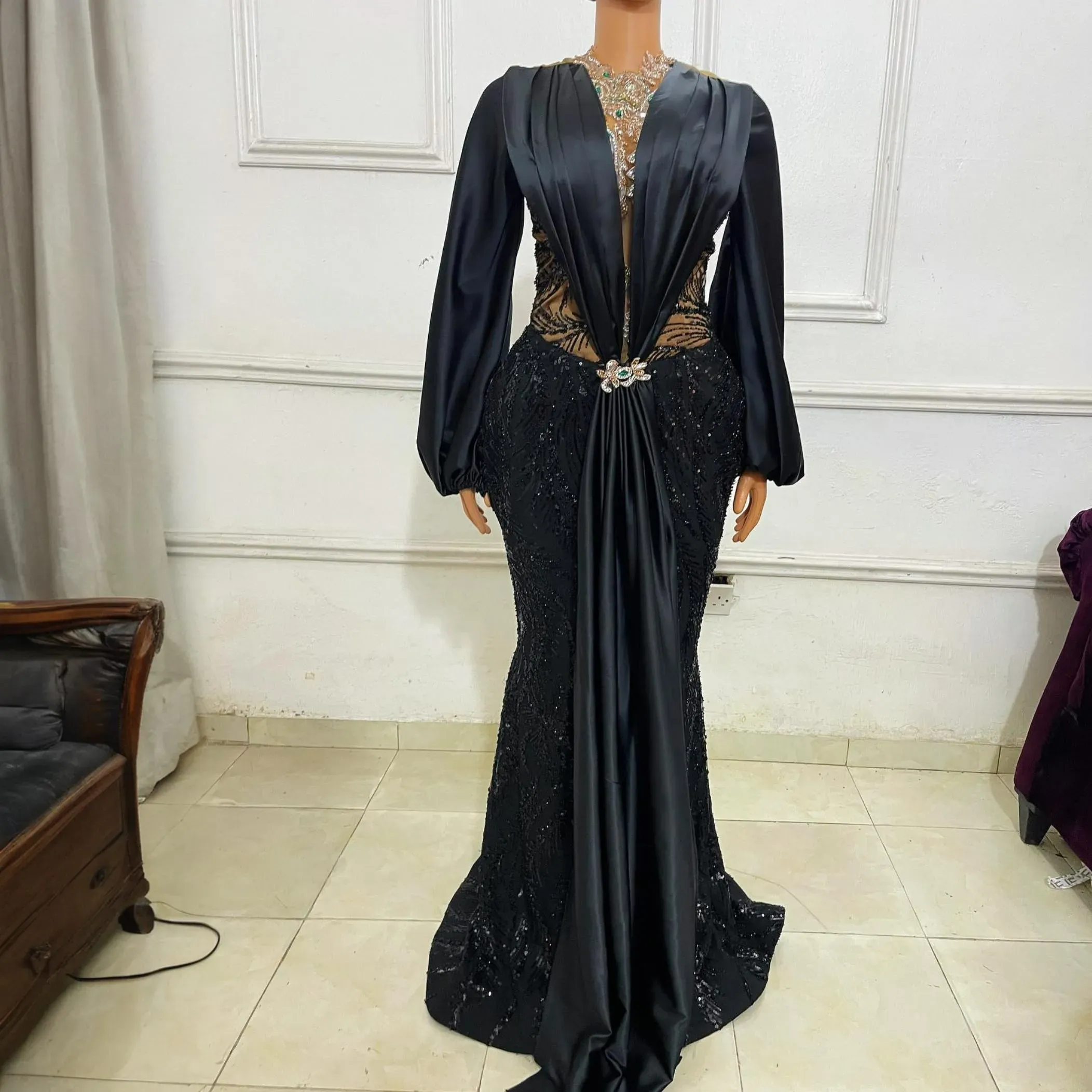 plus size long sleeve black prom dress Glistening Black Long Sleeve Plus-size Prom Dress