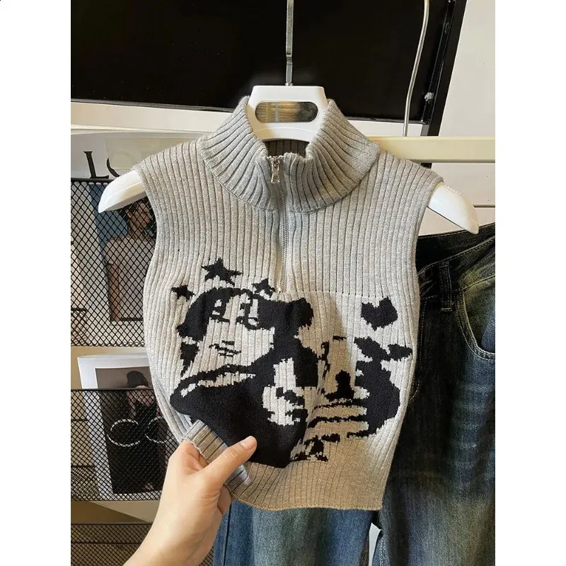 Y2K Cropped Sweater Vest - Vintage Graphic Knitwear, Sleeveless Summer Turtleneck, Korean Anime Streetwear Y2K Cropped Sweater Vest - Vintage Graphic Knitwear, Sleeveless Summer Turtleneck, Korean Anime Streetwear