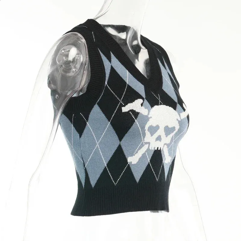 トップス 00s roen fleece long vest y2k scull logo 90S Gothic Skull Print Y2K Sweater Vest Harajuku Punk From