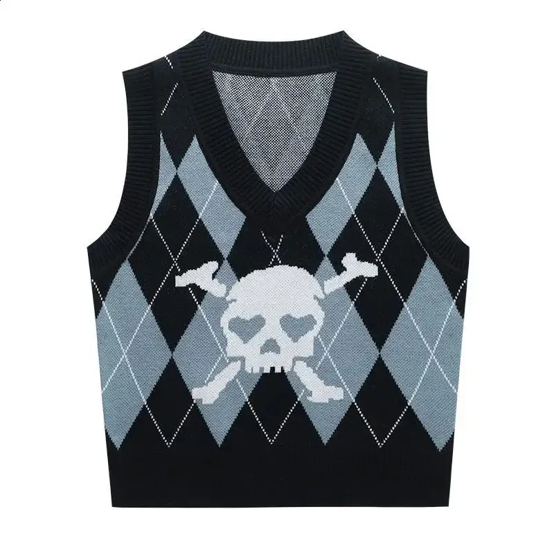 90S Gothic Skull Print Y2K Sweater Vest Harajuku Punk Sexy V Neck