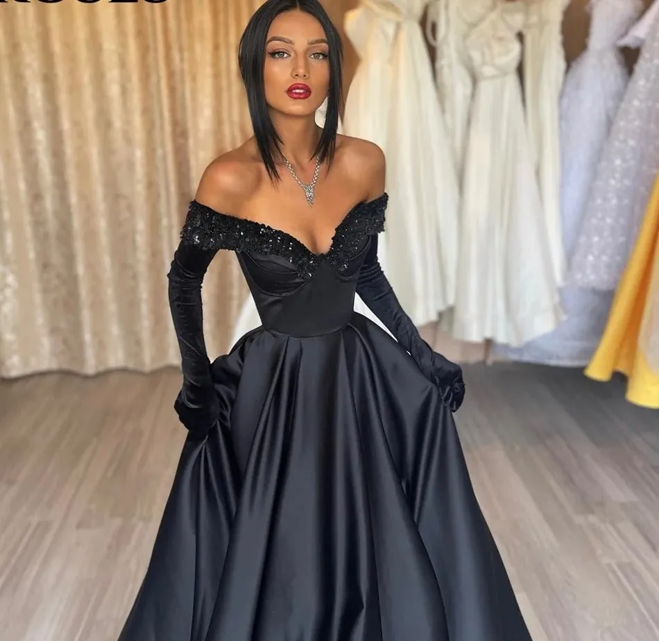 Black Satin Off-Shoulder Evening Dress with Beaded Ruffles Floor-Length Formal  Prom Gown from Dhgate Evening Dresses - price 104.53