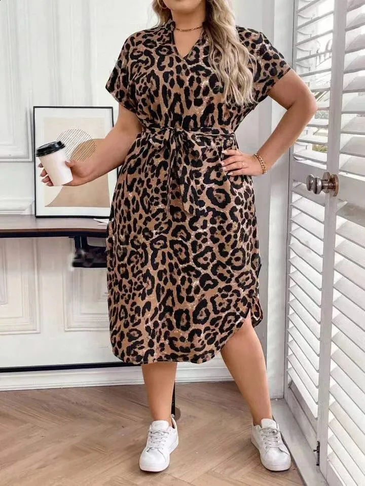 Leopard Print Loose Belt Party Dress for Plus Size Women - Style 240724 Leopard Print Loose Belt Party Dress for Plus Size Women - Style 240724
