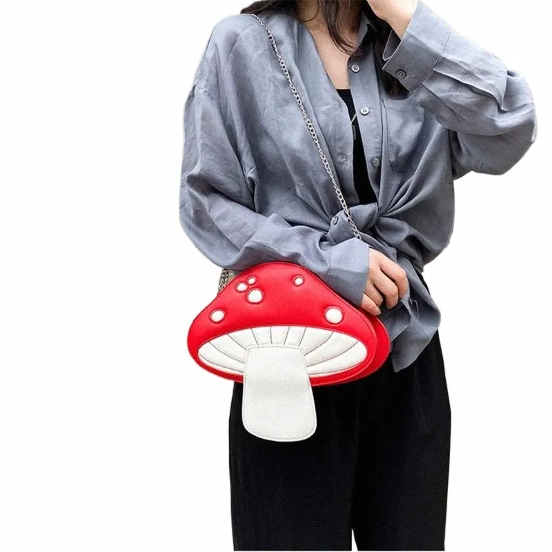 Women's Mushroom Shape PU Leather Shoulder Bag - Crossbody Messenger Purse With Detachable Chain (Red, 11x9.5x2.5in)