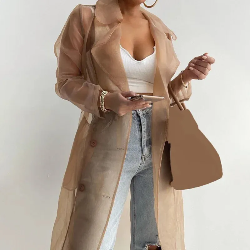 Belted Trench Sheer Trench Coat Midi Length Long Sleeve Button