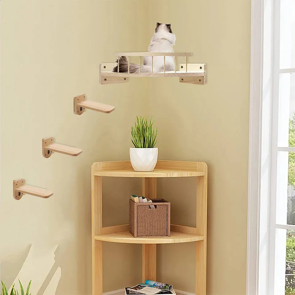 Wall-Mounted Tall Cat Tree - Floor To Ceiling Cat Tower With Wood Shelves, Scratching Post & Bed For Large Cats - View #4
