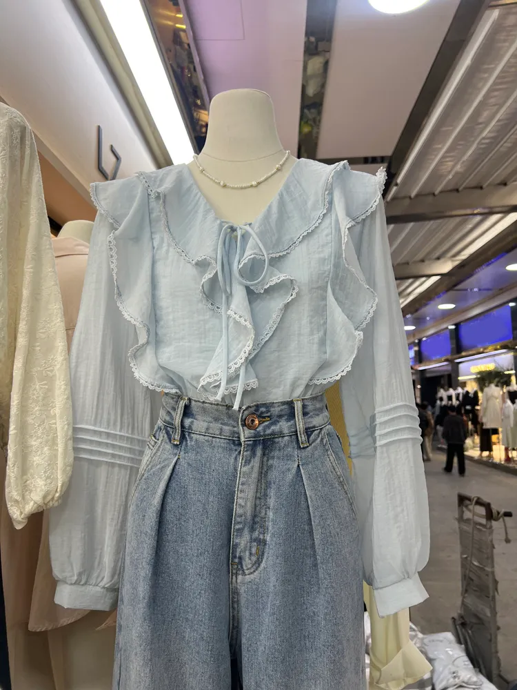 Korea Shirt: Elegant Ladies Long Sleeve Ruffle Lace Shirt Spring