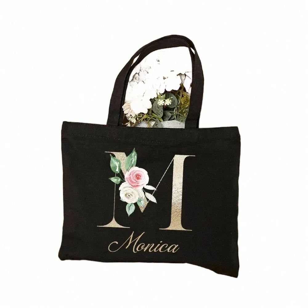 Personalisiertes Canvas Tote Bag Mit Initial – Blumenprint, 38x40 Cm, Inkl. Make-up Tasche, Geschenk Für Braut & Mutter