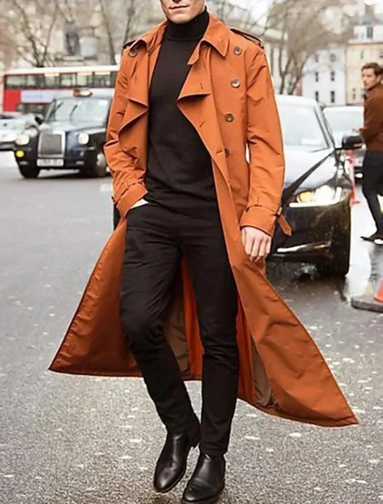 Mens Trench Coat: Double Breasted Long Coat, Vintage Casual