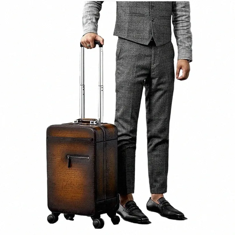 Luxury Italian Leather Trolley Case 22 Inch Genuine Cowhide