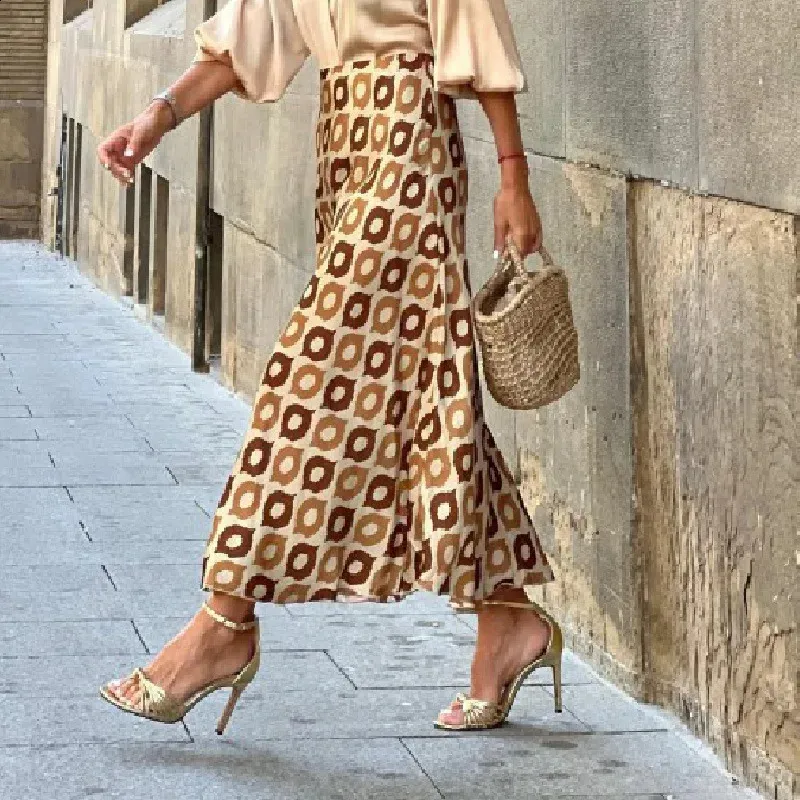 スカート YOSHUYUKI Street Print Style Skirt Womens Long Satin Skirt Midi Elegant High Waist Polka Dot