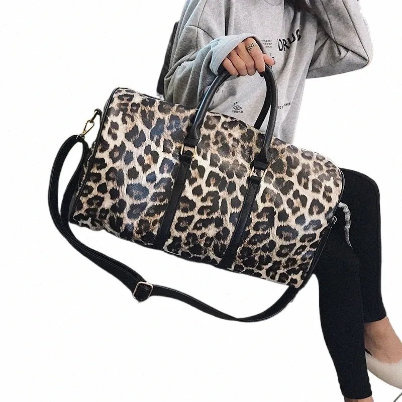 Leopard Print Travel Duffle Bag Stylish PU Leather Womens
