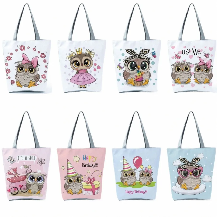 Cute Owl Print Canvas with High Capacity and Foldable Shoulder Strap