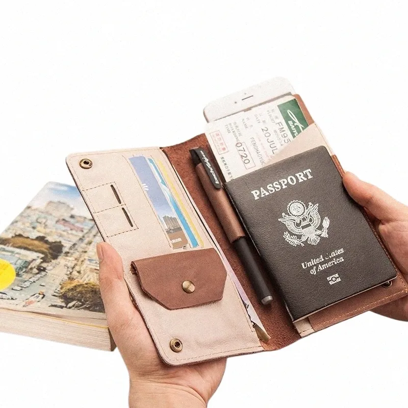 Large Capacity Travel Wallet Handmade Retro Cowhide Passport Holder,  Multifunctional Flight Ticket Organizer, Outdoor Leather Clutch