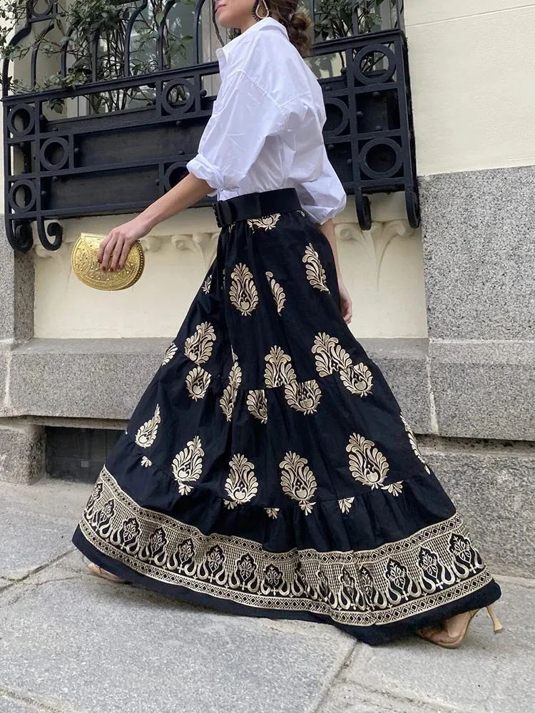 Women's Floral Midi Skirt - High Waist A-Line, Navy Blue With Pink Flowers, Elastic Waistband, Semi-Sheer Overlay