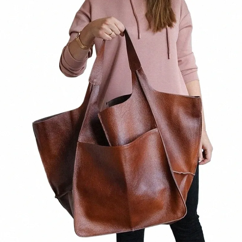 European American Soft Leather Tote Bag: Large Capacity, Solid Color  Handheld Shoulder Bag for Women