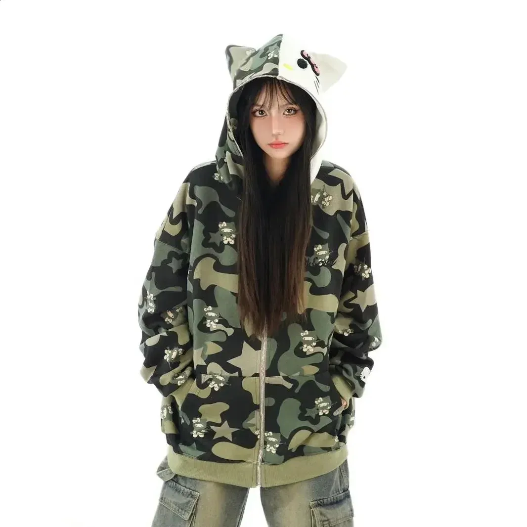 Anime Hooded Sweatshirt Y2k Style Full Zip Hoodie With Cat Ears