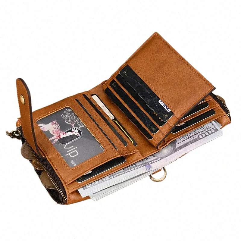 Men Genuine Leather Wallet FID Blocking Slim Zipper