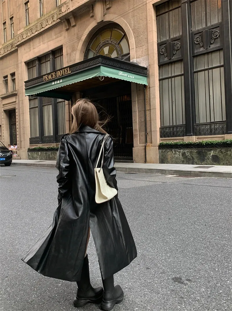 Womens Knee Length Coat Retro Style Faux Leather Trench Coat
