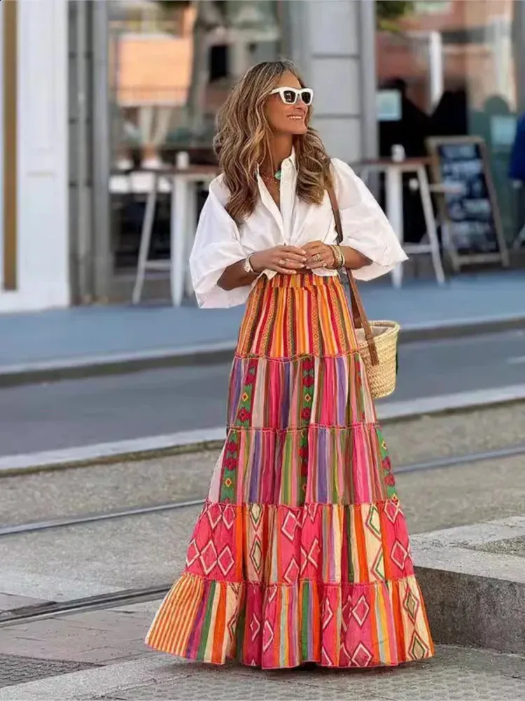 Dianli 2024 Skirts For Women Floral Print Maxi Summer Skirt Beach Loose Fashion Casual Vintage High Waist Pocket Pleated Swing A Line Long Skirt Khaki M