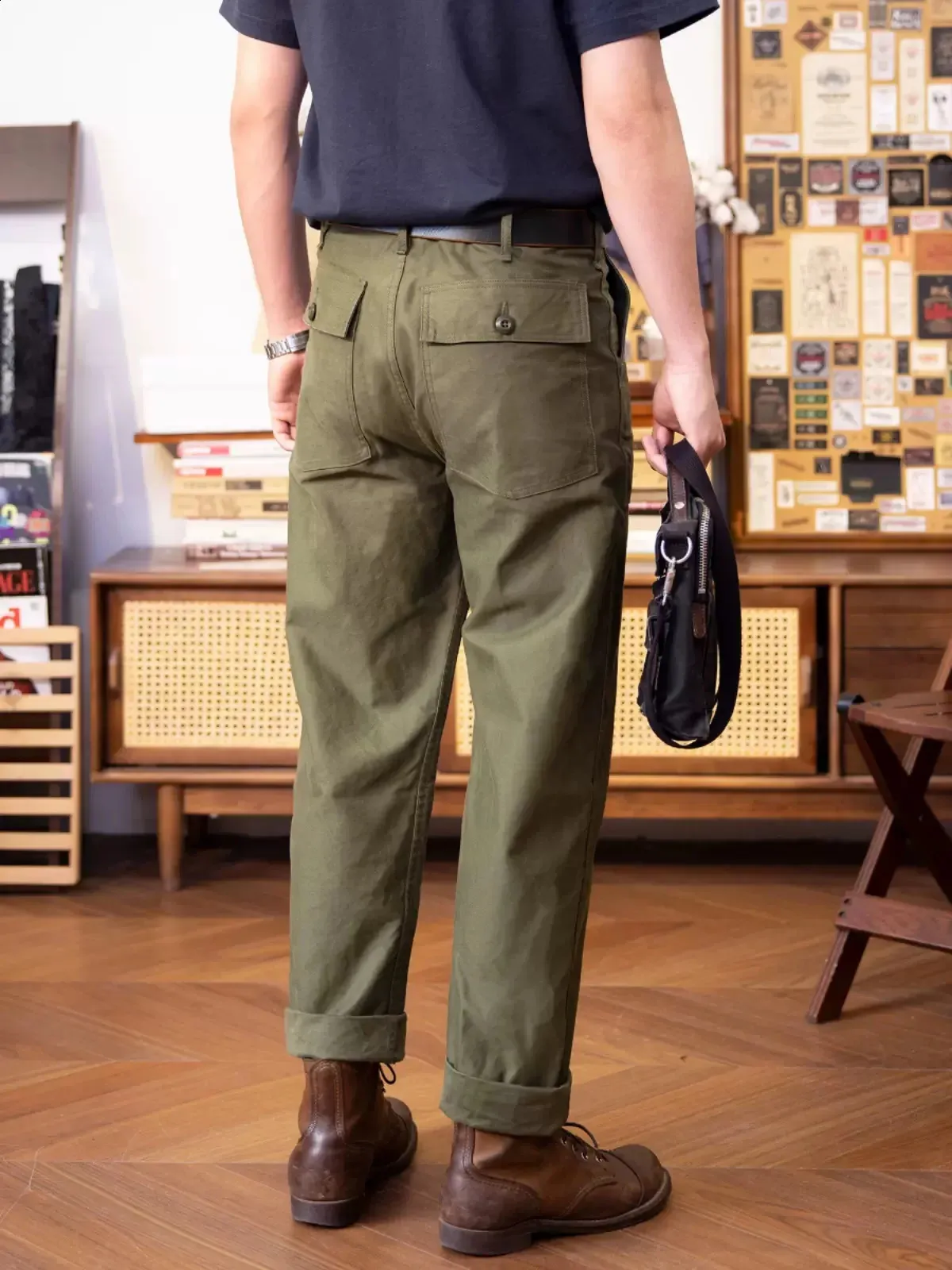 Straight Fit Work Trousers - Military Style Army Green Pants