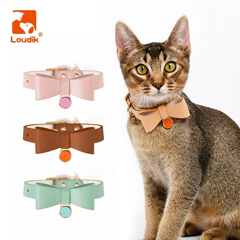 Loudik Personalized Leather Cat Collar Leash Bowtie ID Tag Custom Engraved Soft Kitten Collar Set Pink