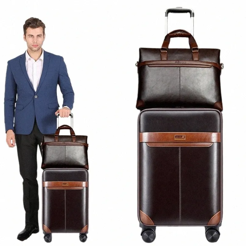 Men s PU Leather Retro Rolling Luggage Set with Spinner Wheels 24 and 20 Suitcases