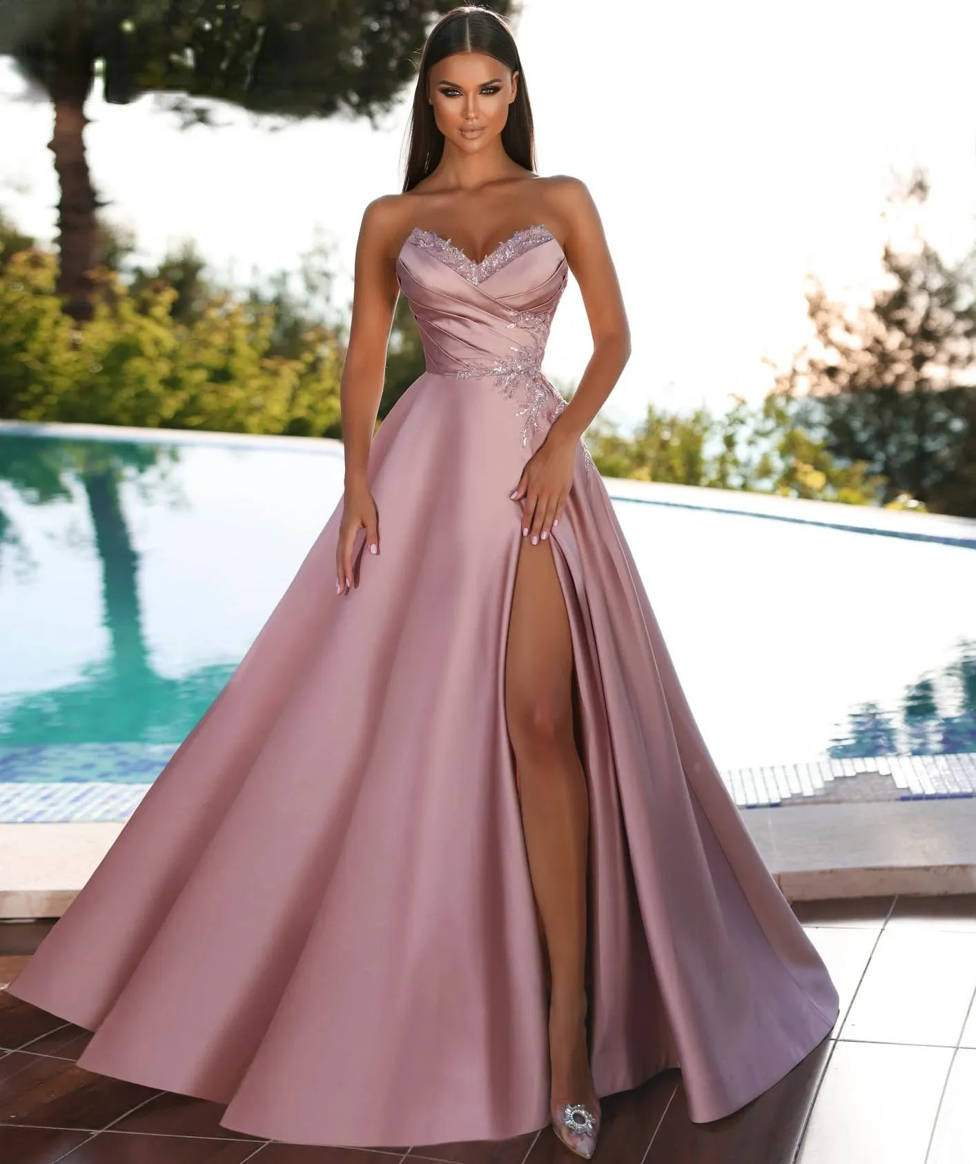 Pink Strapless Satin Prom Dress with Lace Appliques and Sweep Train, Square Neckline, Illusion Sleeveless, Empire Waist Formal Evening Dress from Dhgate Prom Dresses - price 246.32 Pink Strapless Satin Prom Dress with Lace Appliques and Sweep Train, Square Neckline, Illusion Sleeveless, Empire Waist Formal Evening Dress from Dhgate Prom Dresses - price 246.32