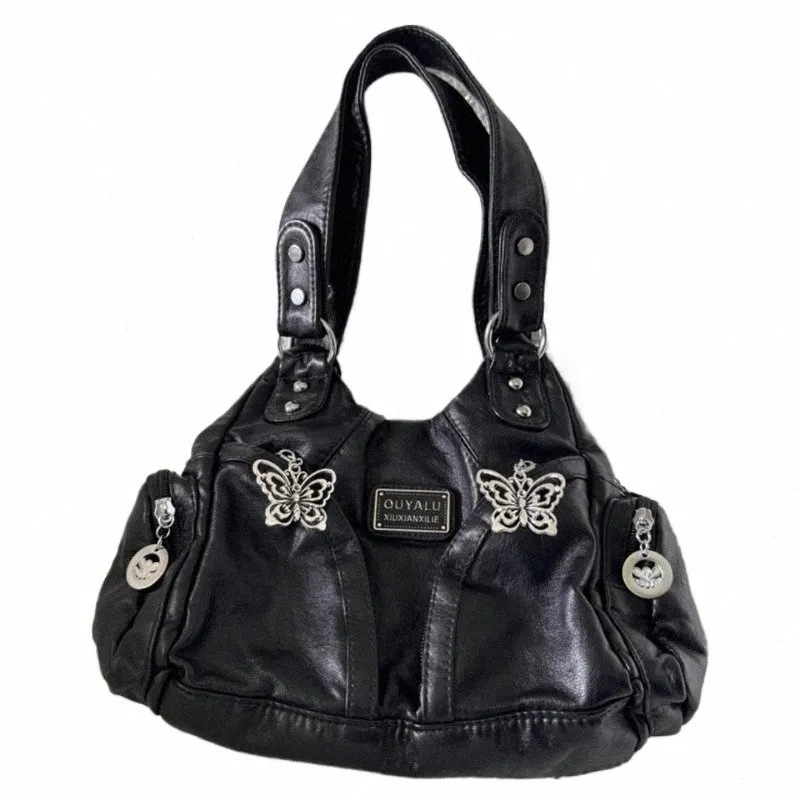 Y2k Gothic Shoulder Bag - Black Leather Tote, Large Capacity
