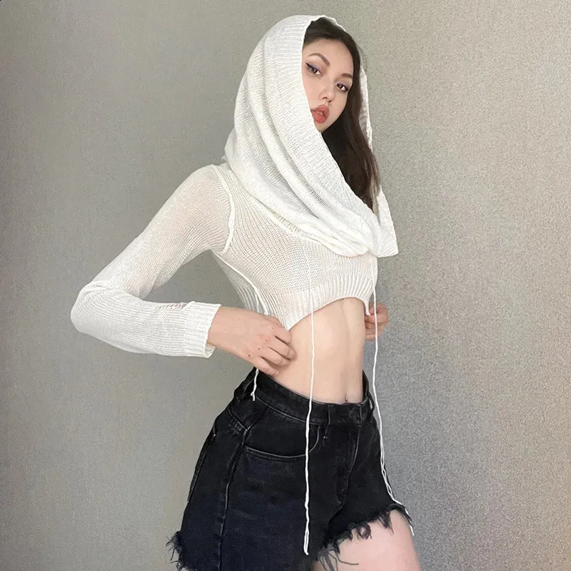 See Through Knit Hoodie: Sexy Y2k Cropped Long Sleeve Top
