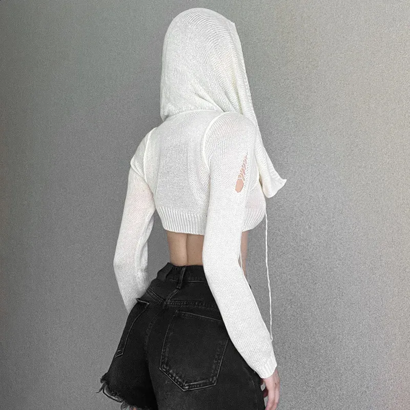 See Through Knit Hoodie: Sexy Y2k Cropped Long Sleeve Top