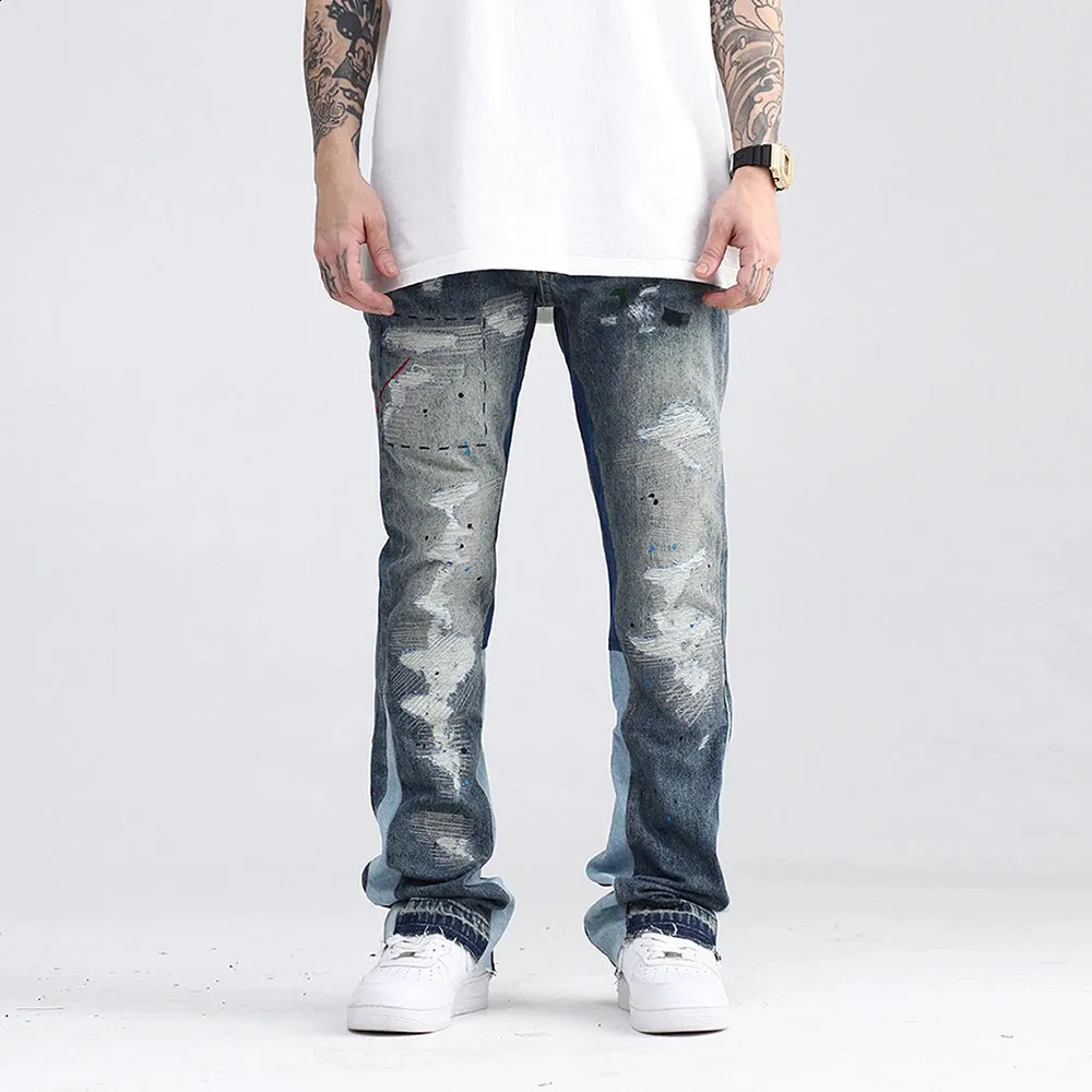 Damage Jeans Blue Speckle Ink Washed Flared Denim From
