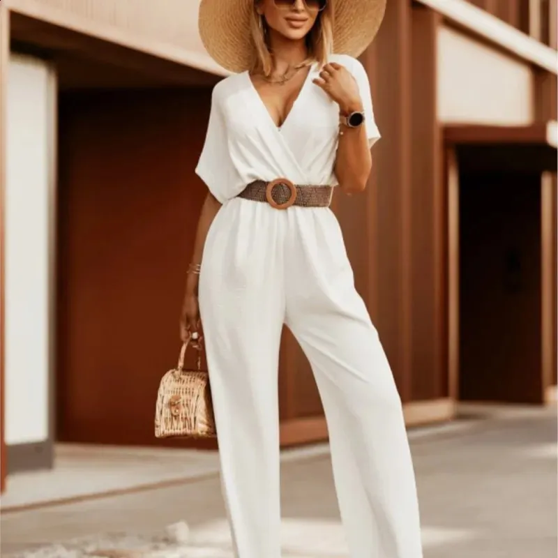 White Jumpsuits For Women: Summer Casual Wide Leg Jumpsuit Elegant