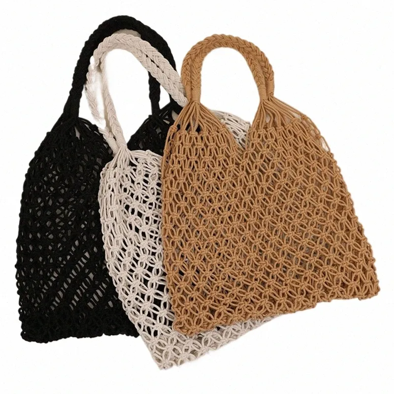 2024Large Capacity Hollow Woven Handbag Portable Beach Bag Casual Solid Color One shoulder Bag Cotton Rope Handmade Net Bag