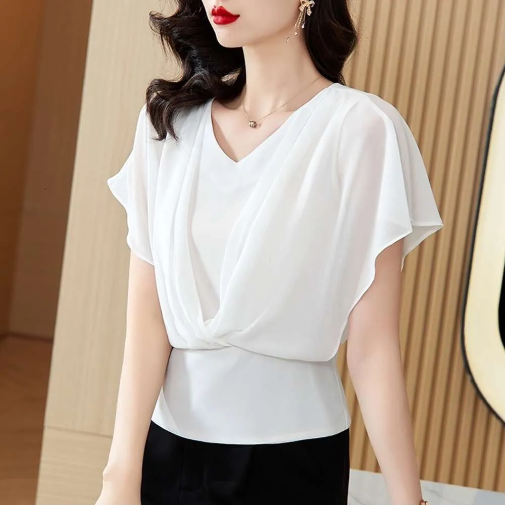 La Chilly Women's V-Neck Chiffon Blouse - Loose Tunic Top, Short Sleeve, White Stripe - View #3