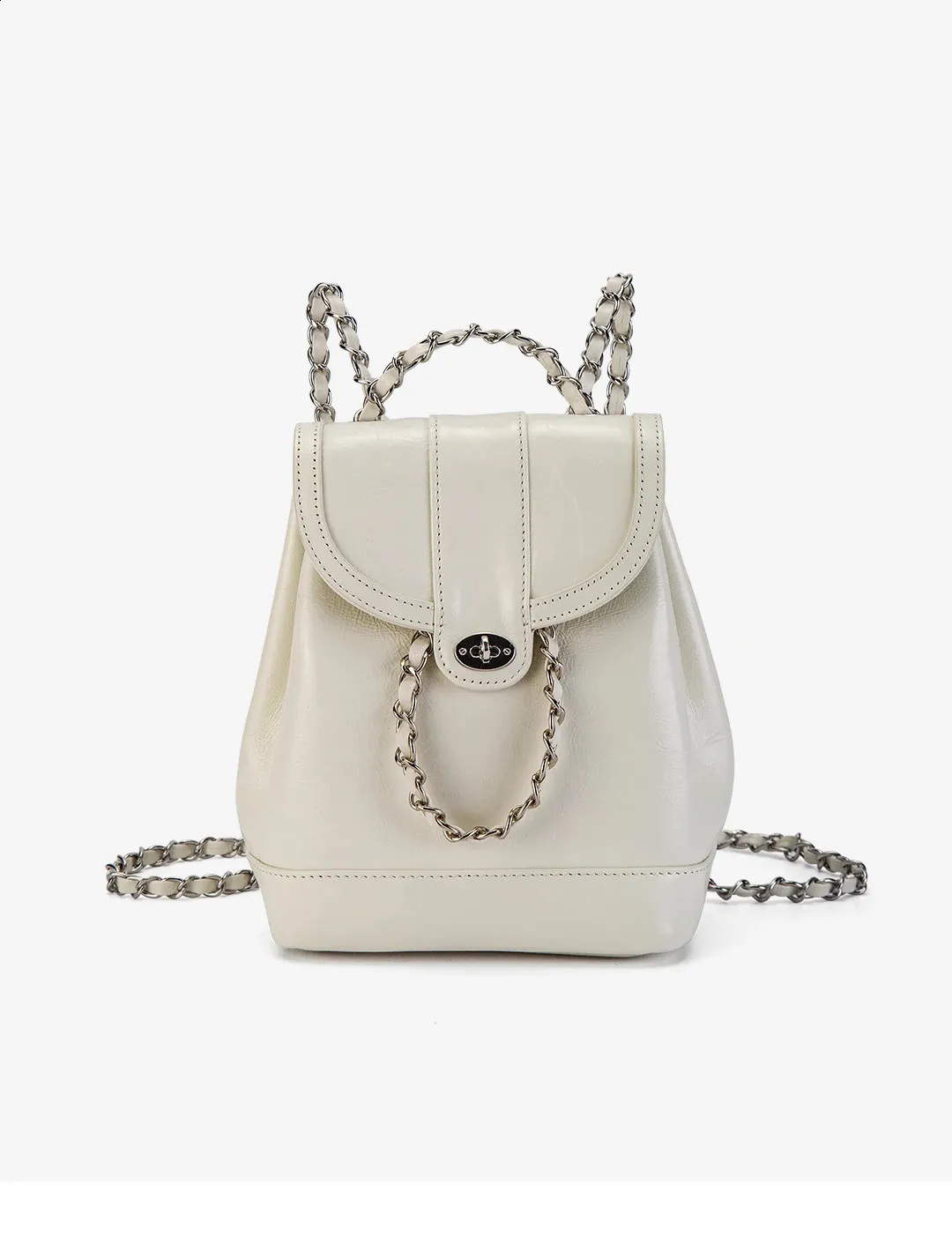 Beige Mini Backpack: Premium Leather City Bag with Metal Chains - Shop ...