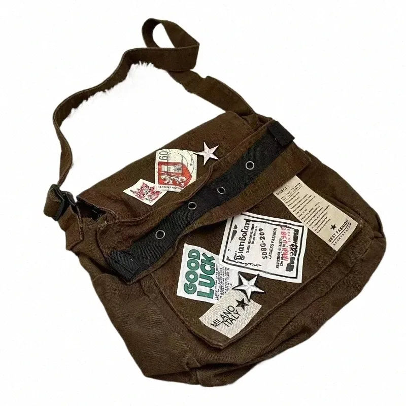 Y2K Brown Canvas Messenger Bag With Star Patch Perfect For