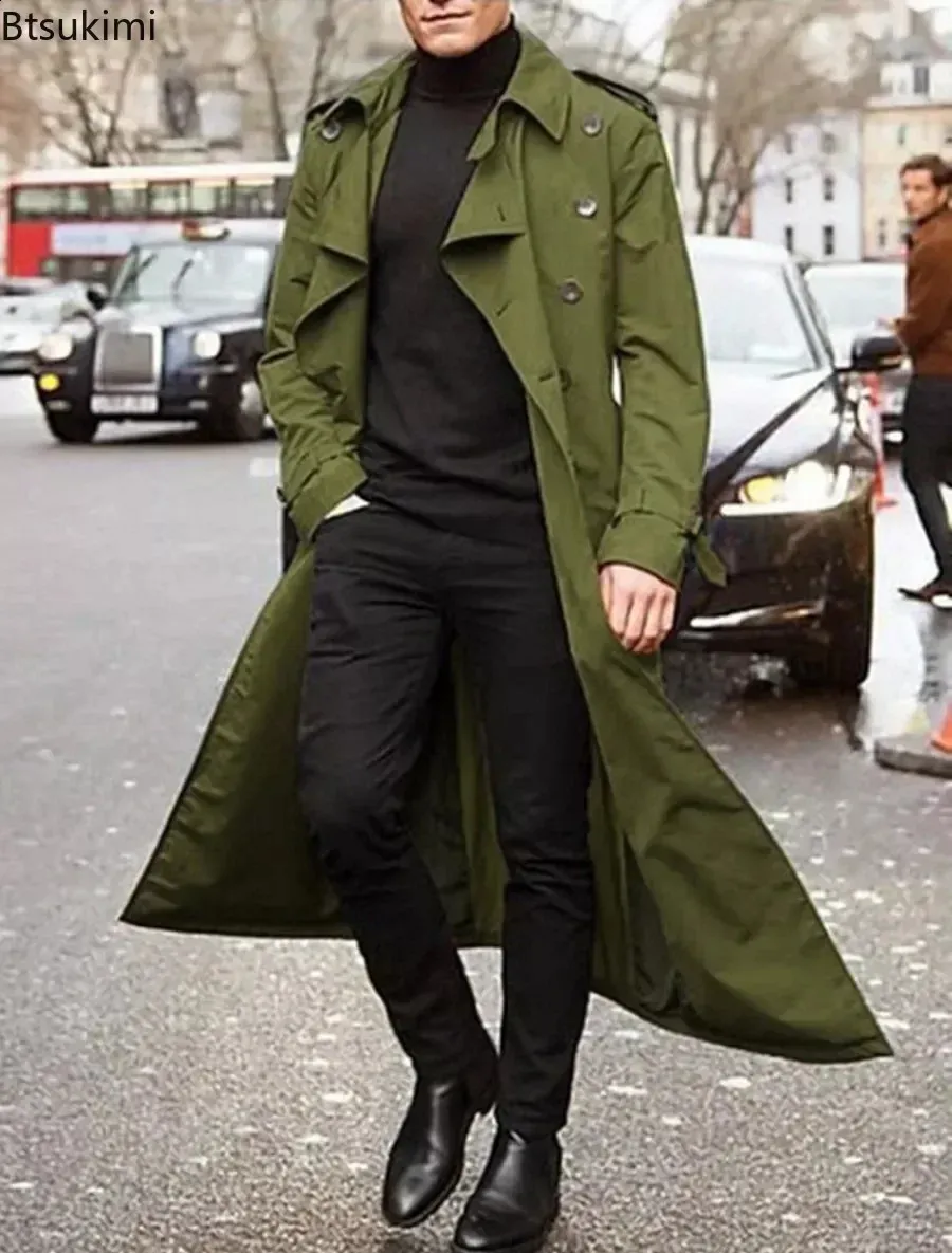 Mens Trench Coat: Double Breasted Long Coat, Vintage Casual