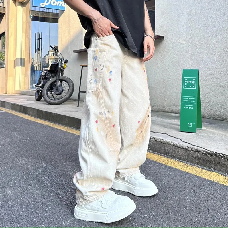 Jeans Sueltos Pintados A Mano De Hombres: Pierna Recta, Pierna