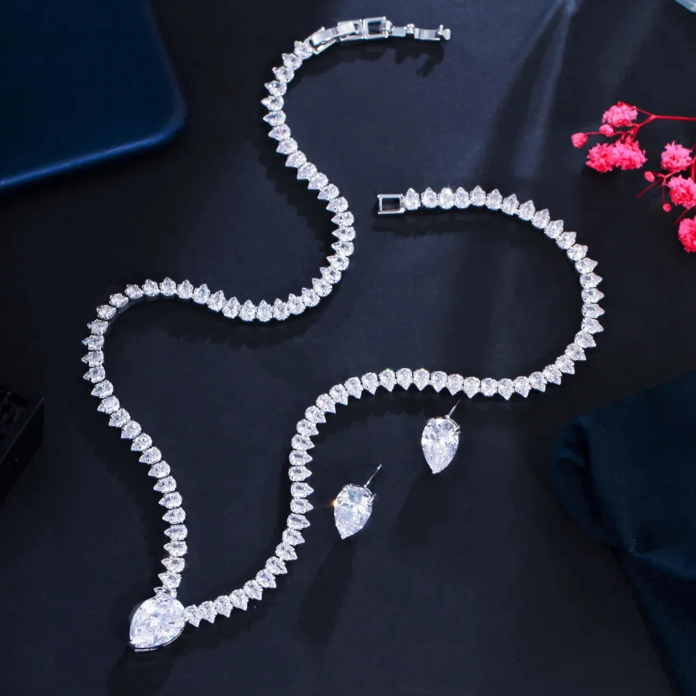 Shiny AAA Cubic Zirconia Bridal Necklace Set 2pcs for Wedding Party
