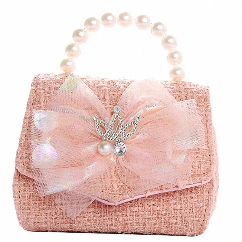 Pink Pearl Bow Handbag Girls Crossbody Purse for Kids Daily Essentials