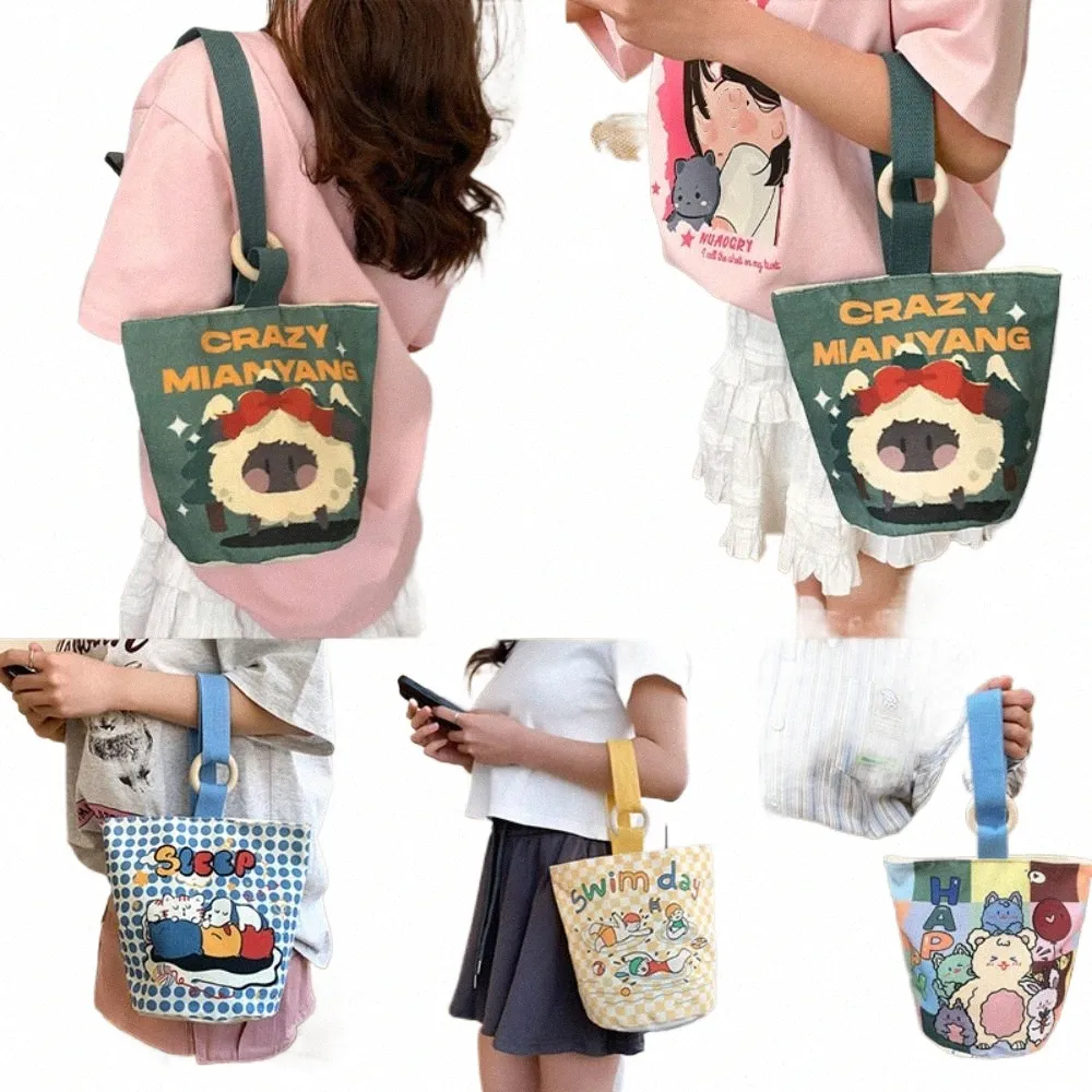 Cute Cartoon Canvas Bucket Bag - Korean Style Crossbody