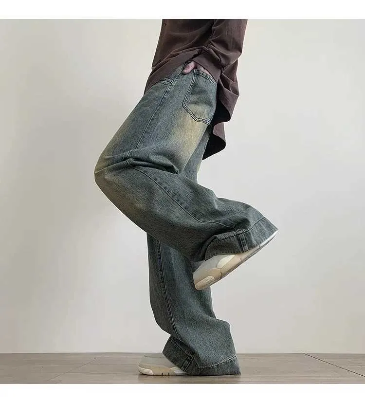 Distressed Vintage Blue Jeans Pants Men Wide Leg From