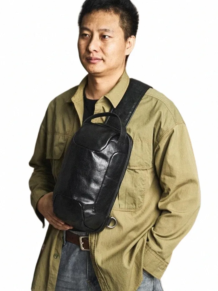 Genuine Leather Mens Chest Bag Round Crossbody Bag, Large