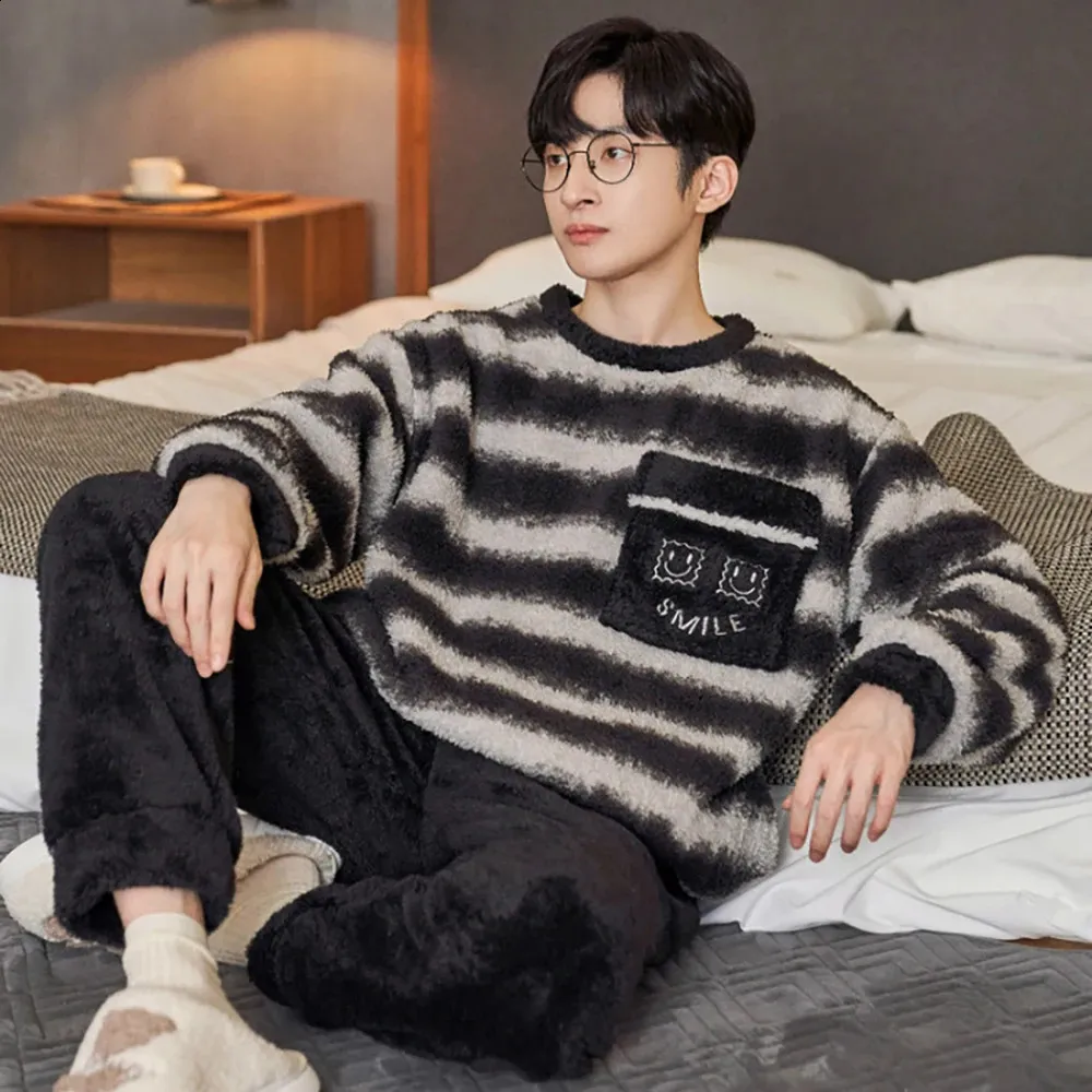 Extra Large Mens Winter Pajama Set in Soft Coral Fleece Cozy Sleepwear for Sleeping Cartoon Design