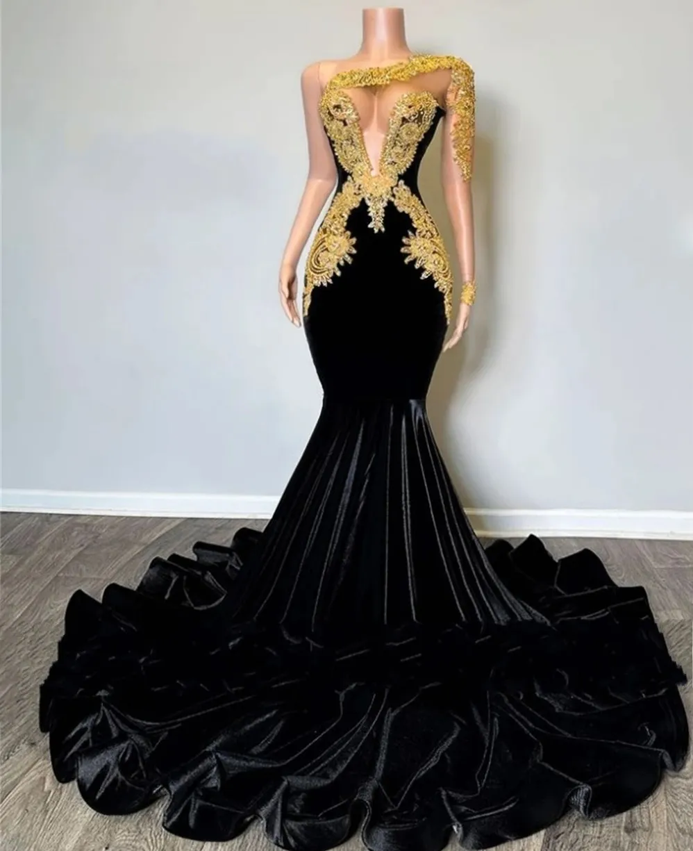 Black Velvet Prom Pageant Dresses Gold Beaded Lace Appliques One - Main Image