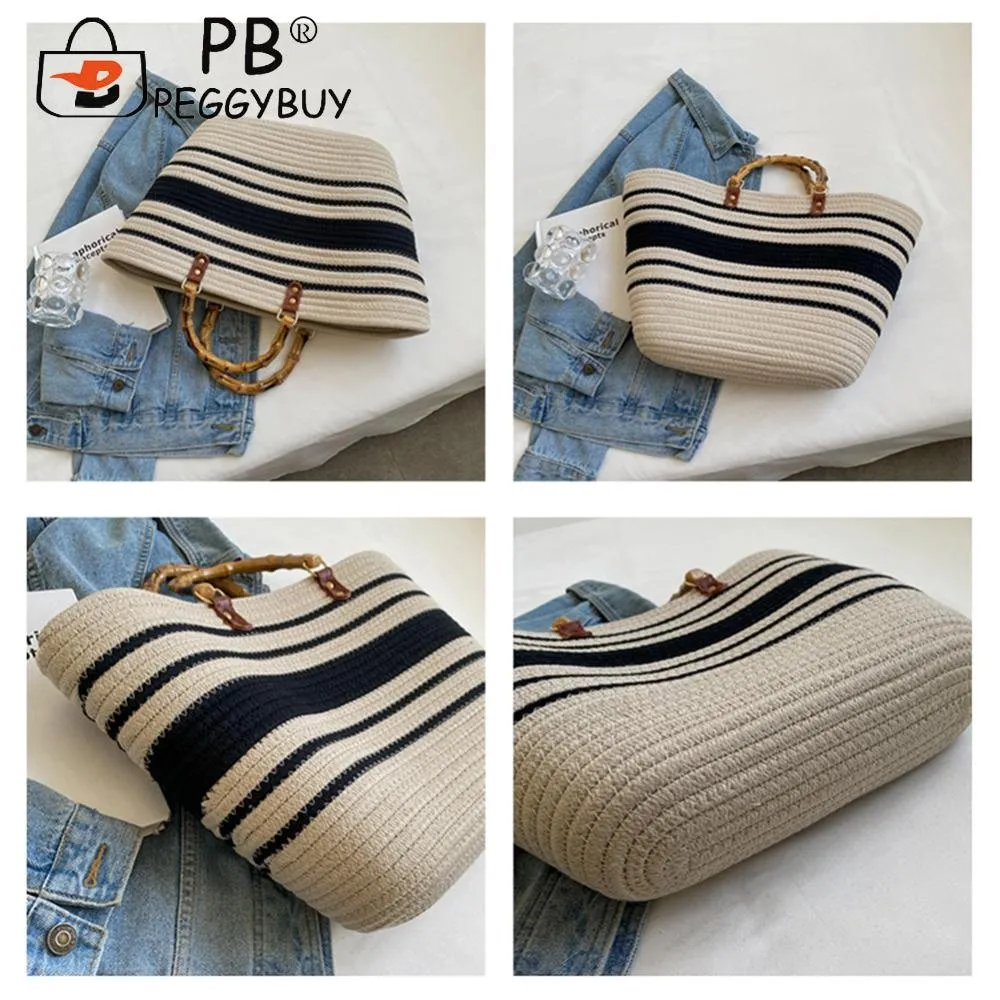 Woven Beach Tote Bag Stylish Striped Handbag with Bamboo Handle