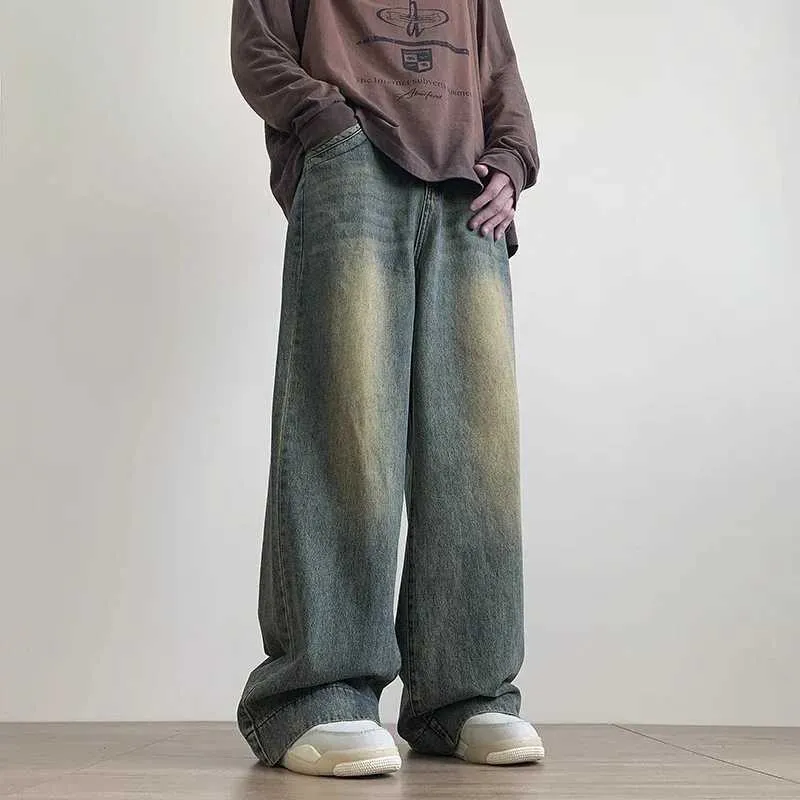 Distressed Vintage Blue Jeans Pants Men Wide Leg From